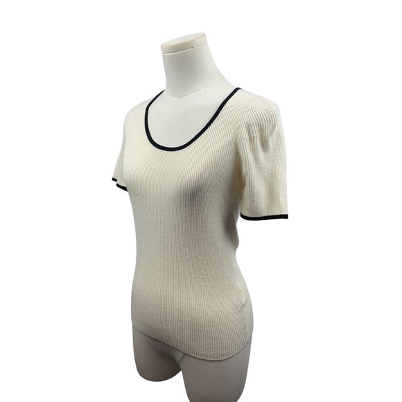 Luxe Ribbed Short Sleeve Contrast Trim Fitted Knit Top In Cream & Black - Picture 2 of 7